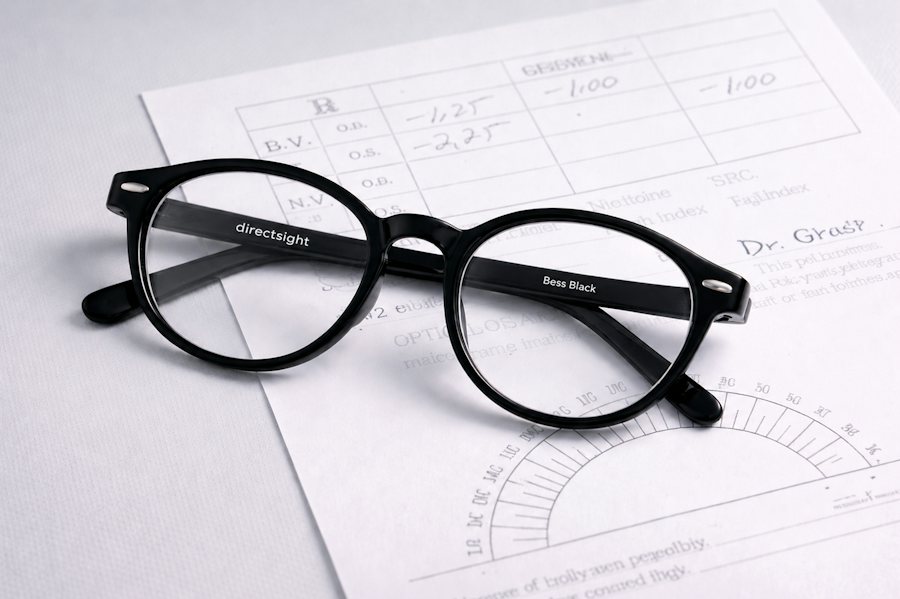 Black plastic round glasses frame sat on a glasses prescription