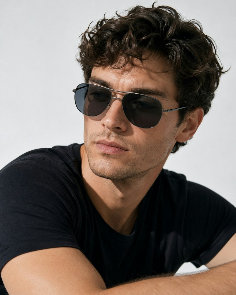 man wearing aviator style gun metal sunglasses with grey lenses