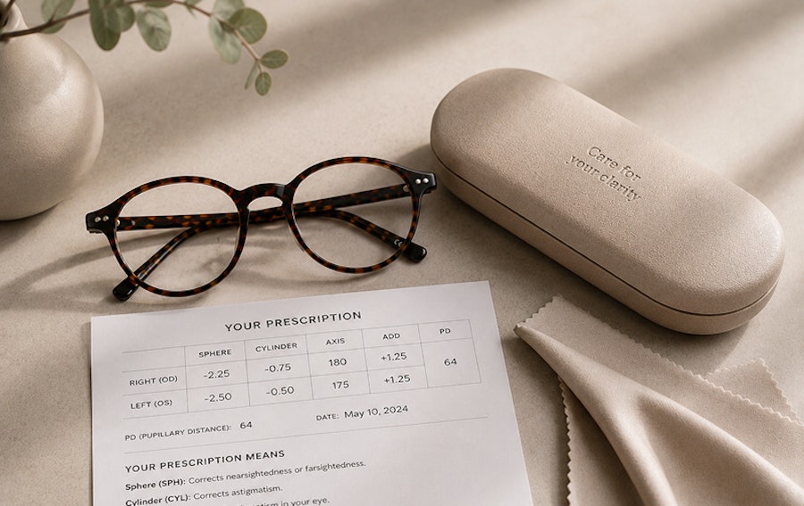 Glasses case, tortoise round plastic glasses, cleaning cloth and glasses prescription on a table