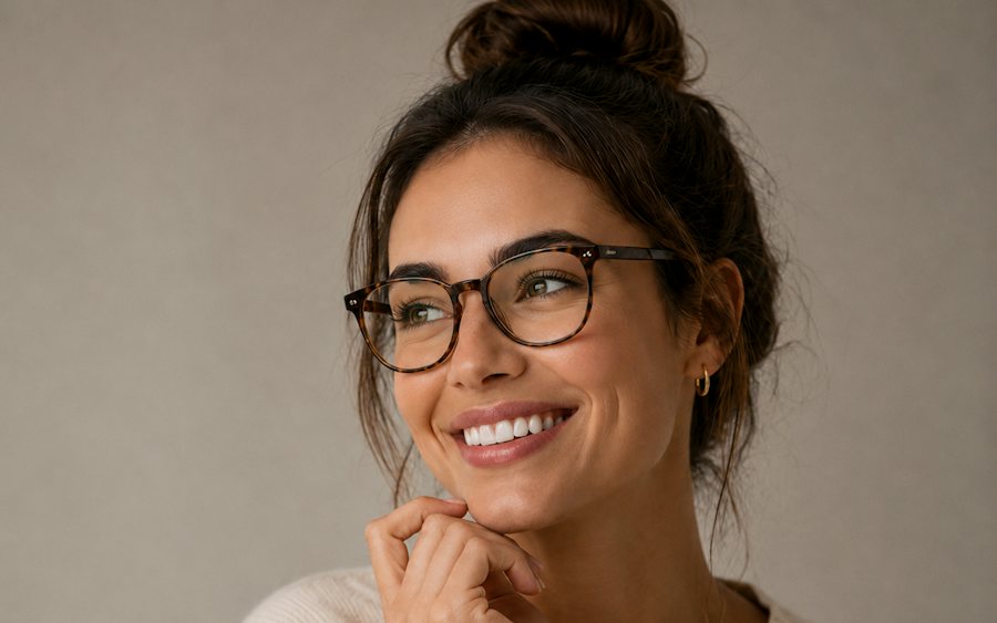 Woman wearing havana oversized round glasses