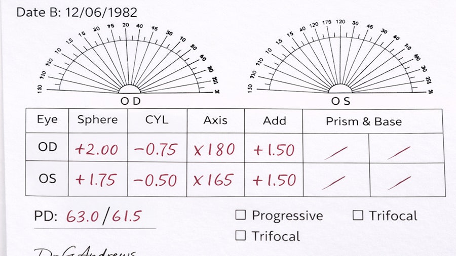 Example of an optical prescription showing Sphere, Cylinder, Axis, Add and pd values