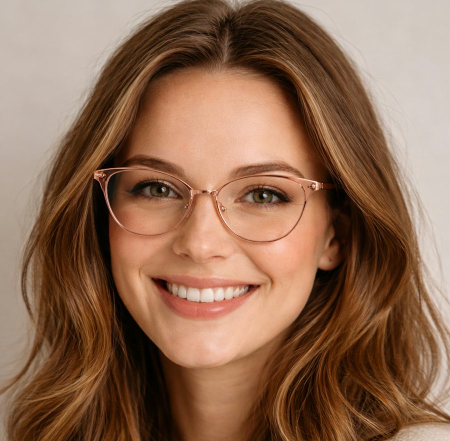Woman smiling wearing rose gold metal glasses