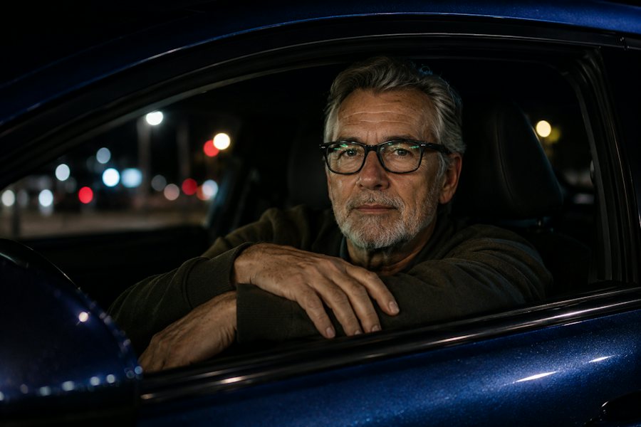 Older man in a blue car driving at night wearing glasses with anti reflective lenses