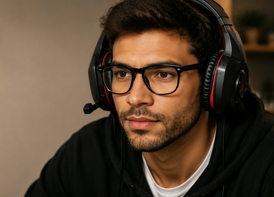 Man wearing a gaming headset and gaming glasses