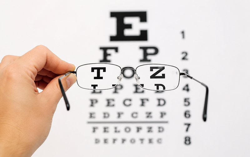 Glasses held in front of a snellen chart