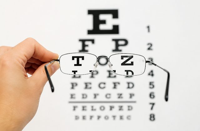 Glasses held in front of a snellen chart