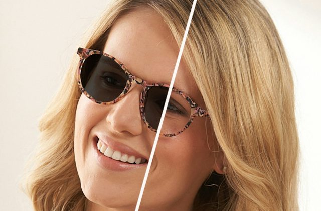 Woman wearing tinted lenses to represent photochromic lenses changing with the light