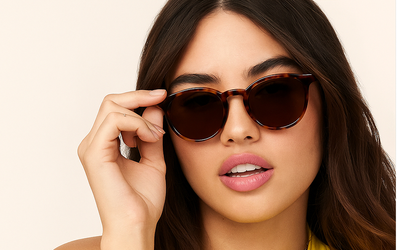 Woman wearing round havana sunglasses