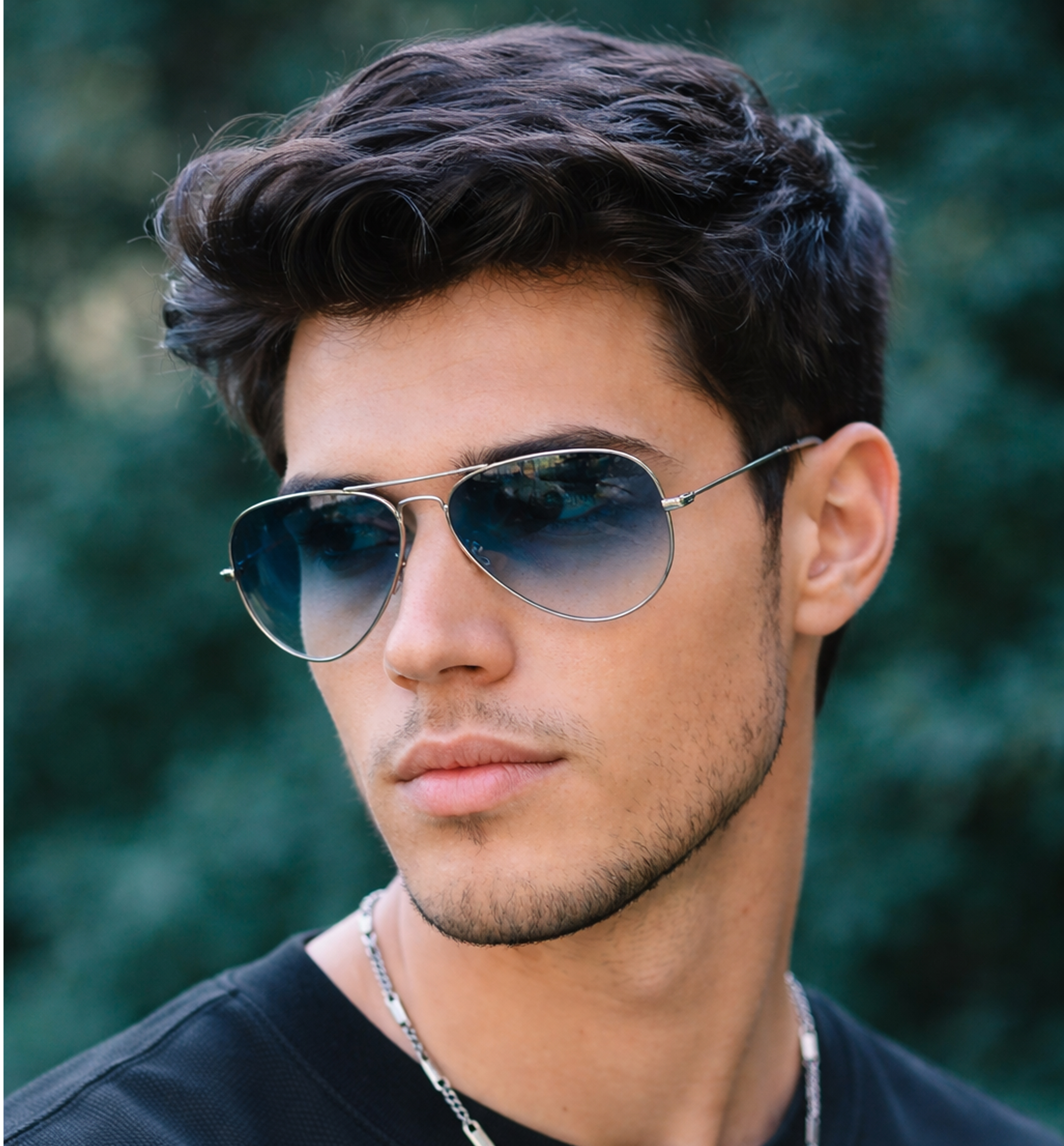 Man wearing aviator silver frames with blue lenses