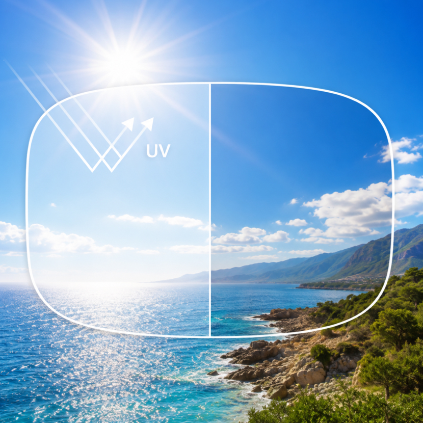 Optical lens showing with and without UV filter