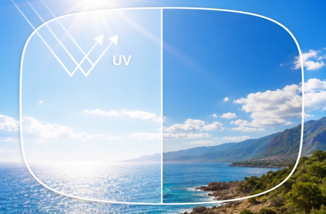 Optical lens showing with and without UV filter