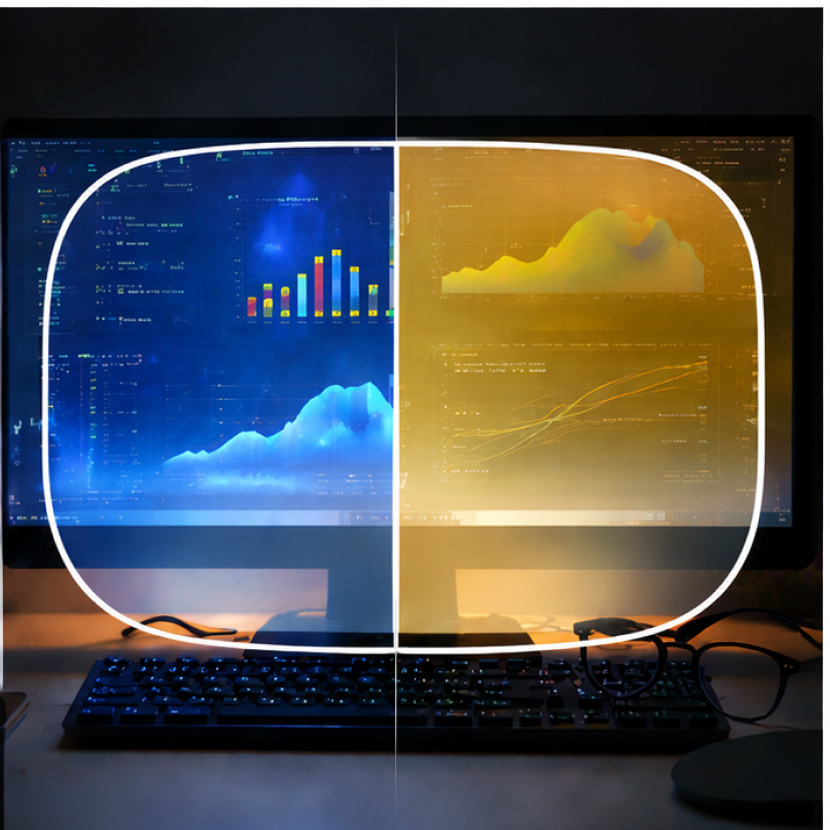 Lens showing with and without blue light blocking