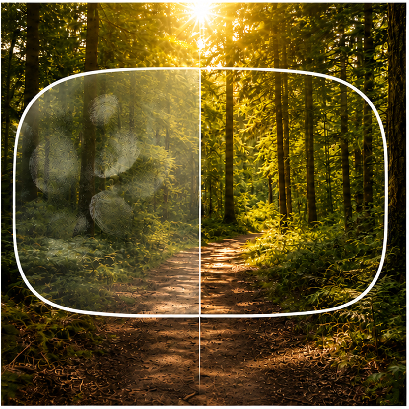 Image showing a lens with and without anti smudge coating