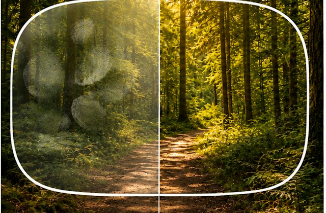 Image showing a lens with and without anti smudge coating