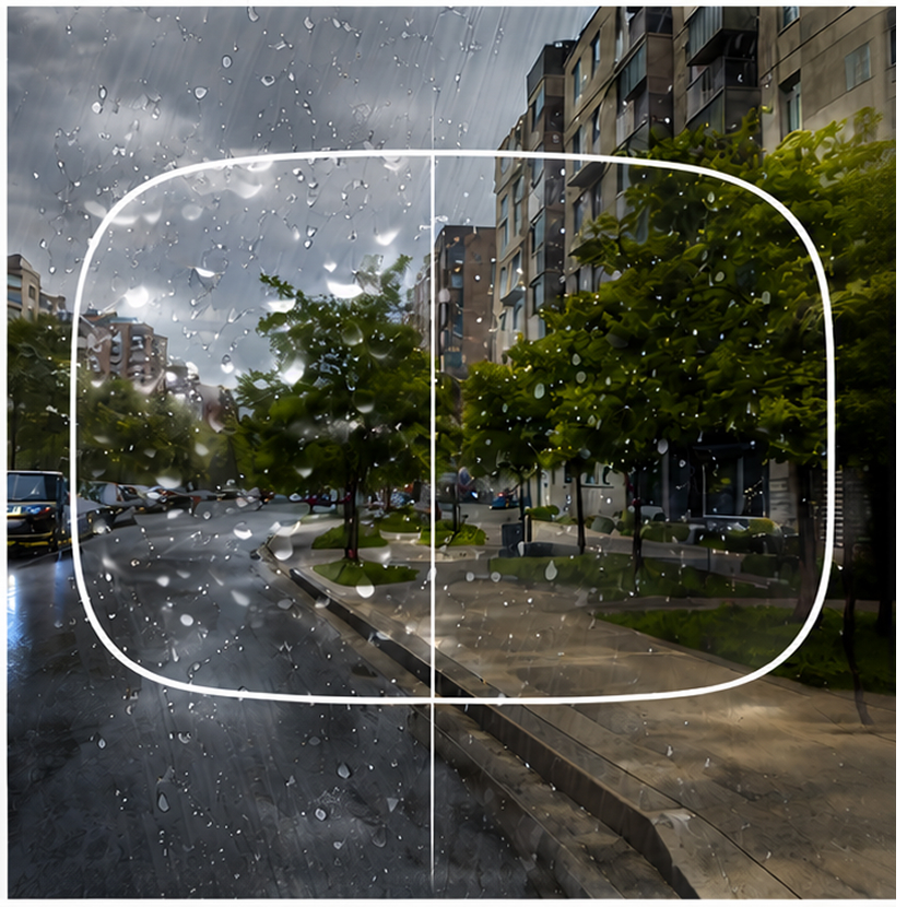 Lens showing with and without water repellant coating