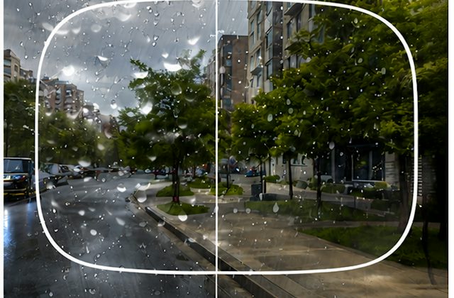Lens showing with and without water repellant coating