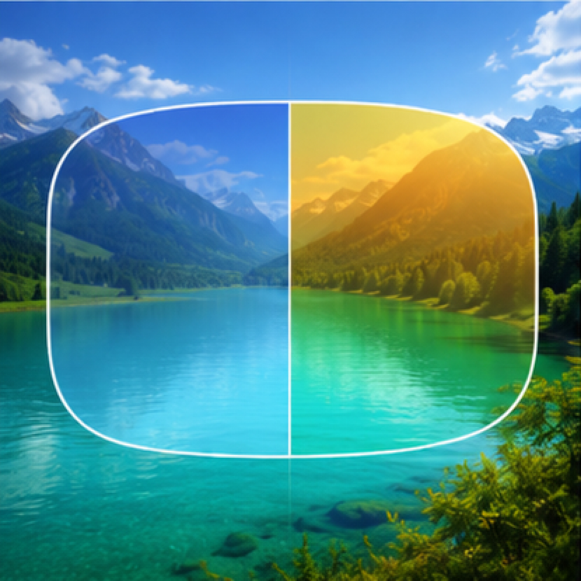 Lens showing the difference with and without a colour tint