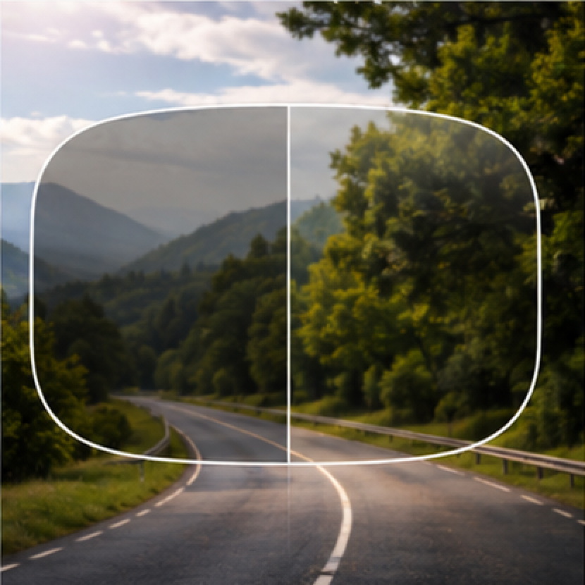 Lens showing the difference with and without photochromic