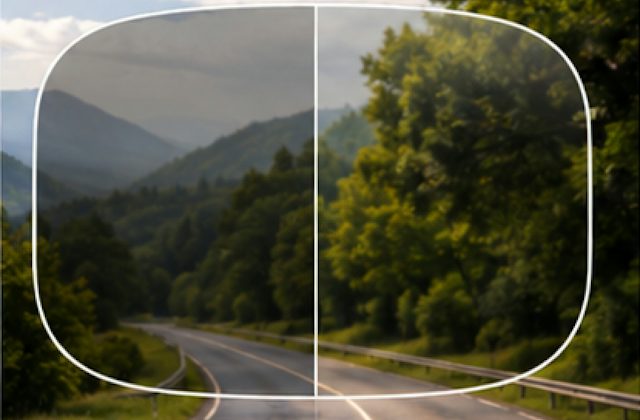 Lens showing the difference with and without photochromic