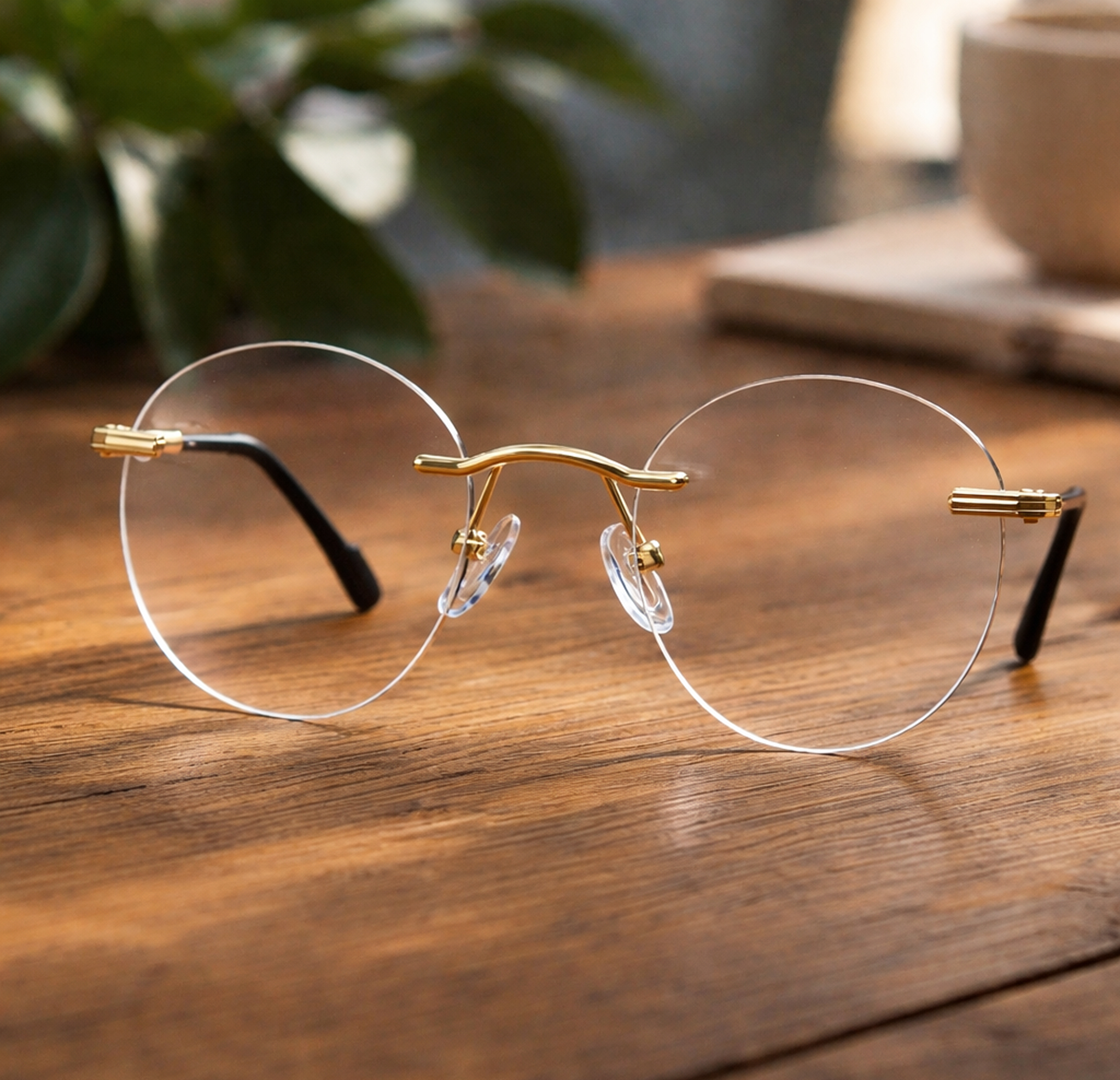 Rimless frame with round lenses resting on a wooden table