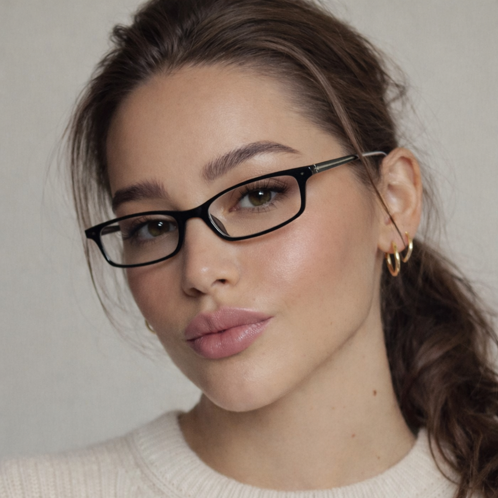 Woman wearing narrow black plastic glasses
