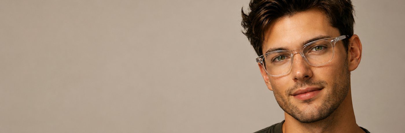Man wearing clear plastic glasses