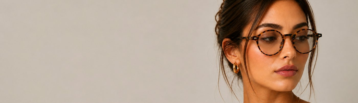 Woman wearing havana round glasses with light brown tinted lenses