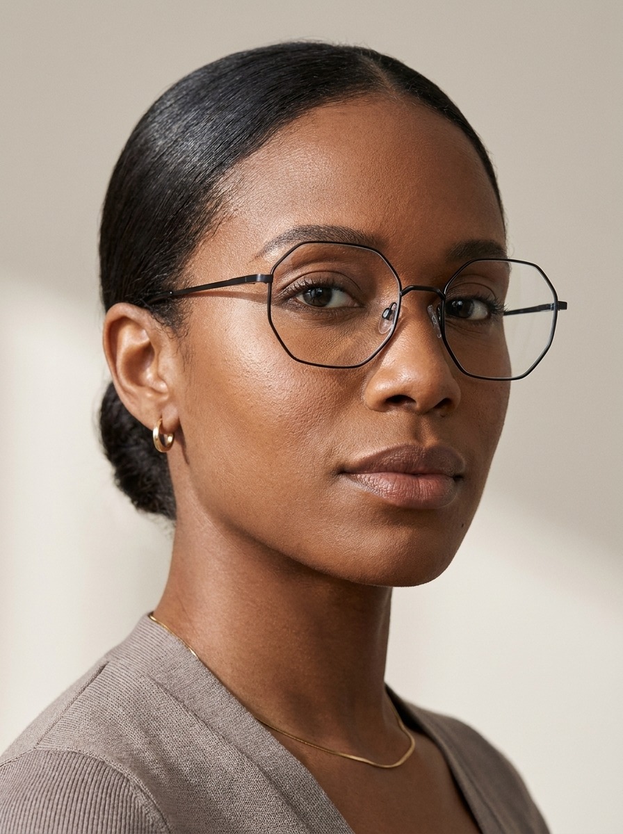 Model wearing Aubrey glasses
