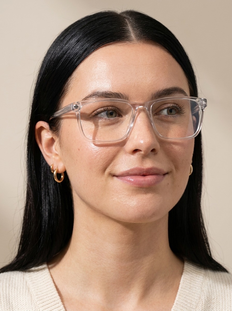 Model wearing Barnie glasses