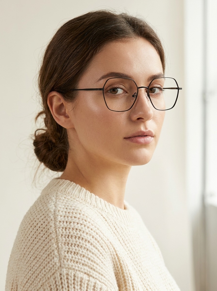 Model wearing Bellamy glasses