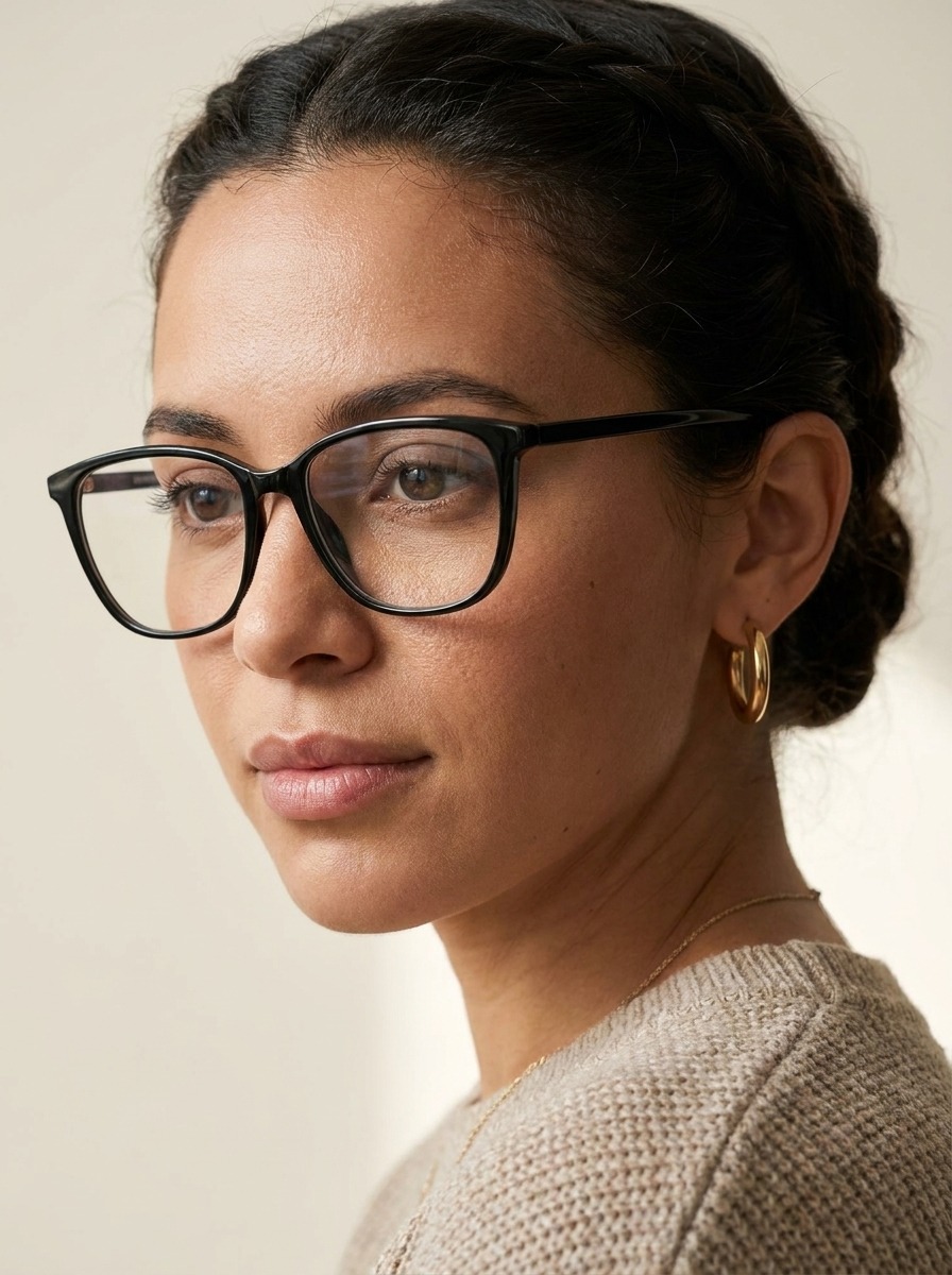 Model wearing Flo glasses