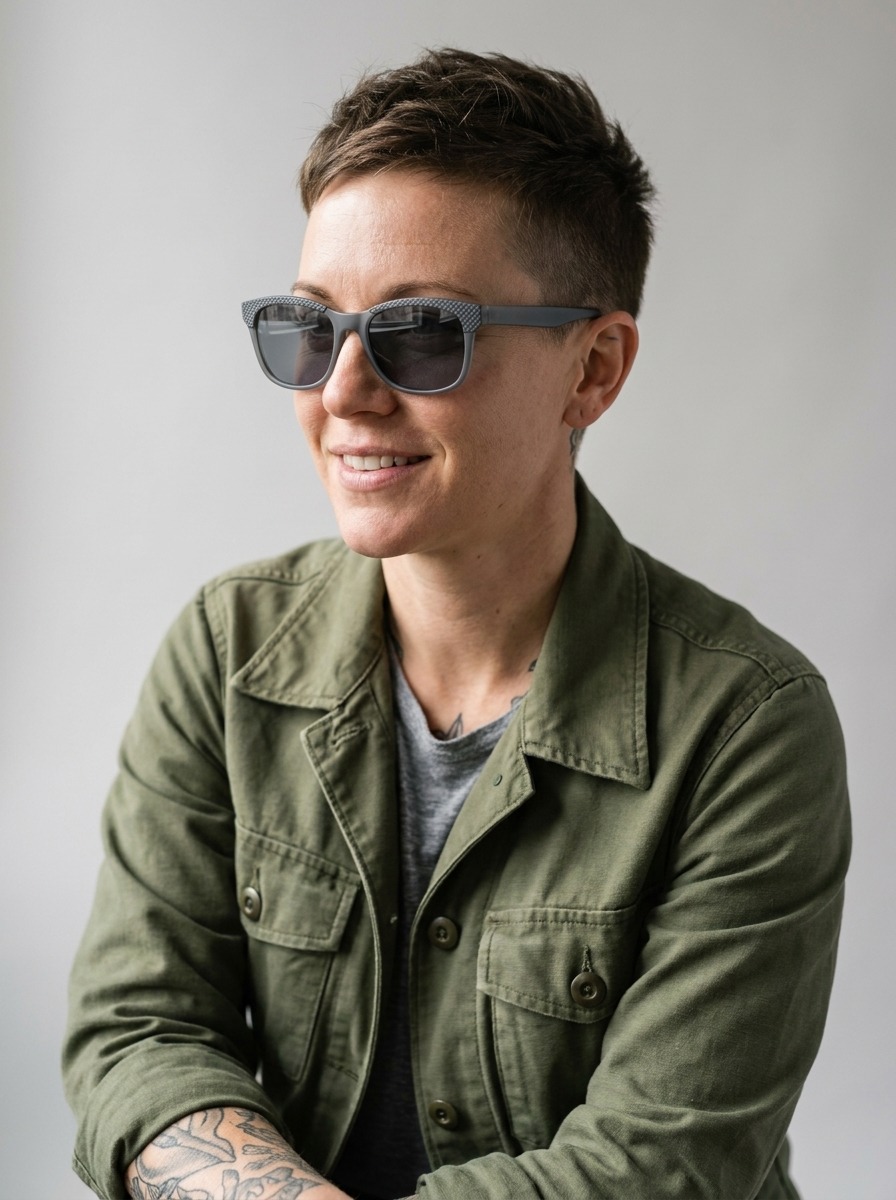 Woman wearing Halston glasses