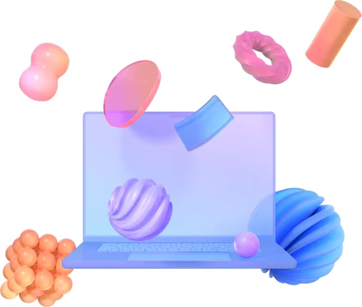 Laptop with levitating vibrant abstract shapes