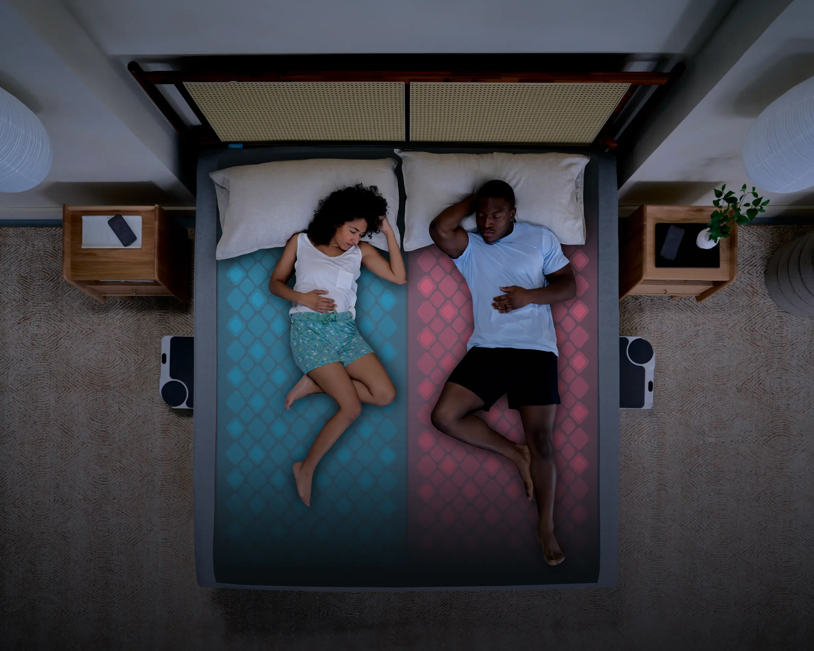 Couples using Chilipad Dock Pro dual zone cooling mattress pad for personalized sleep temperature control