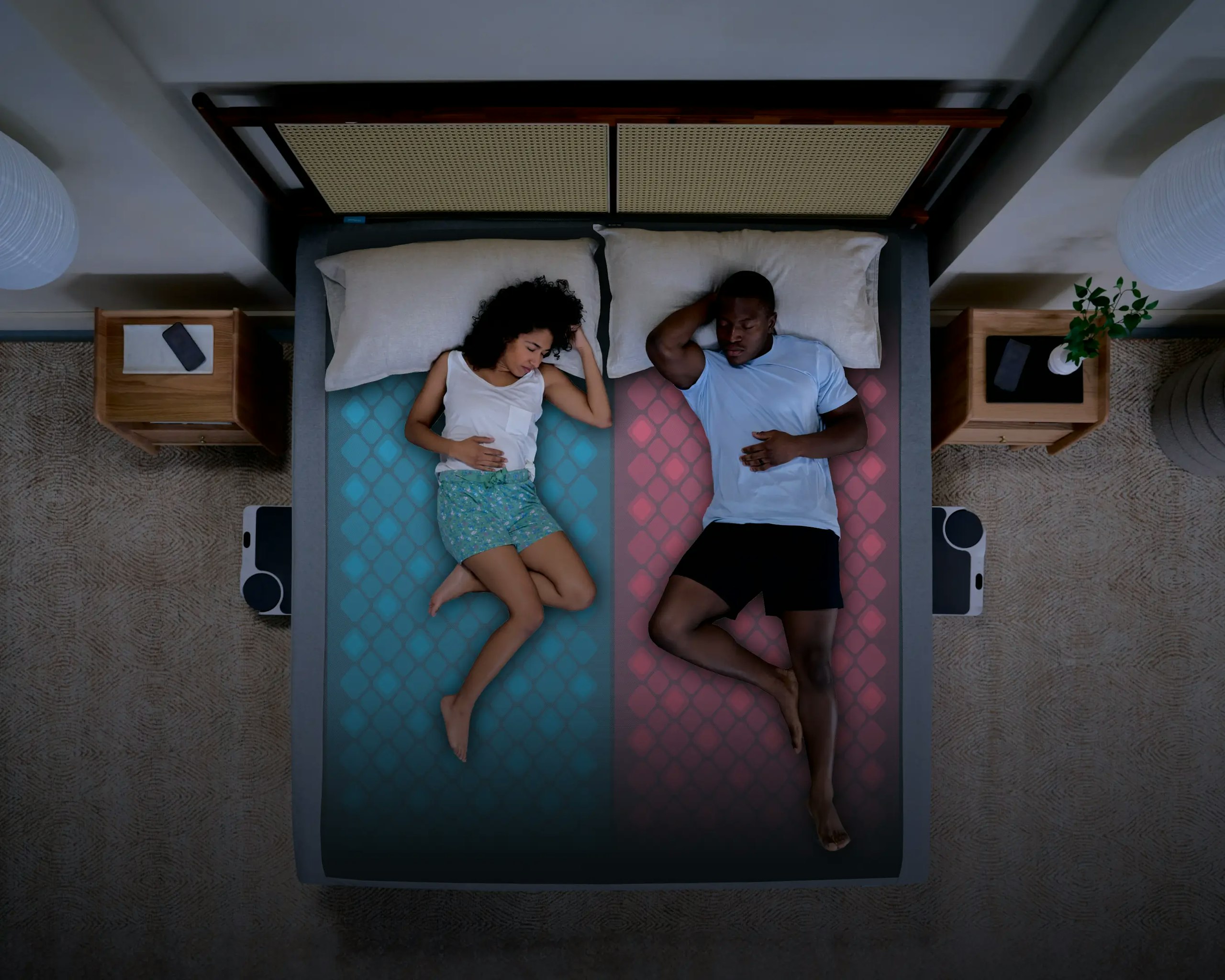 Couples using Chilipad Dock Pro dual zone cooling mattress pad for personalized sleep temperature control Couples using Chilipad Dock Pro dual zone cooling mattress pad for personalized sleep temperature control