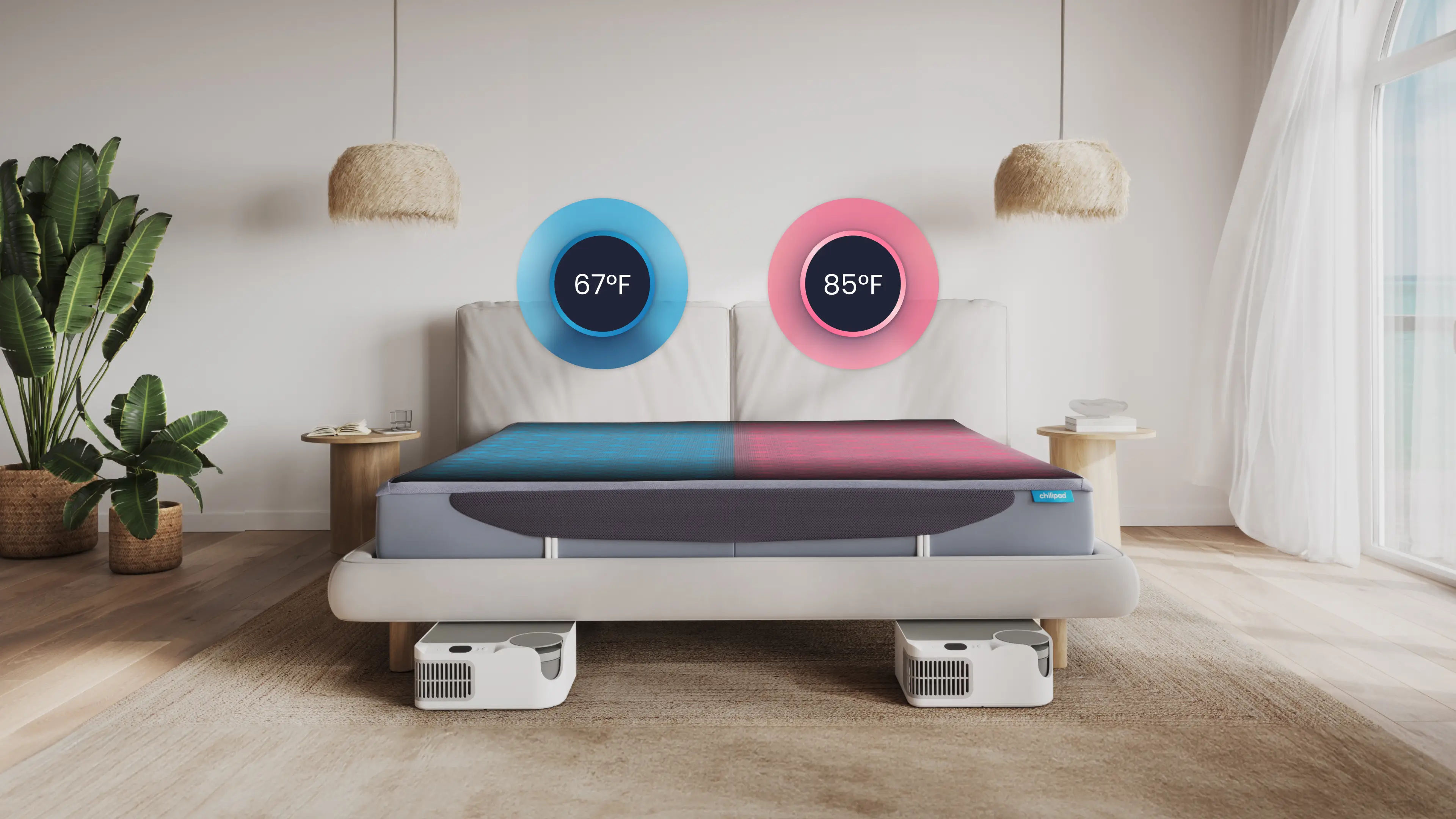 Chilipad Dock Pro dual zone sleep system set to 67°F and 85°F for personalized bed temperature control