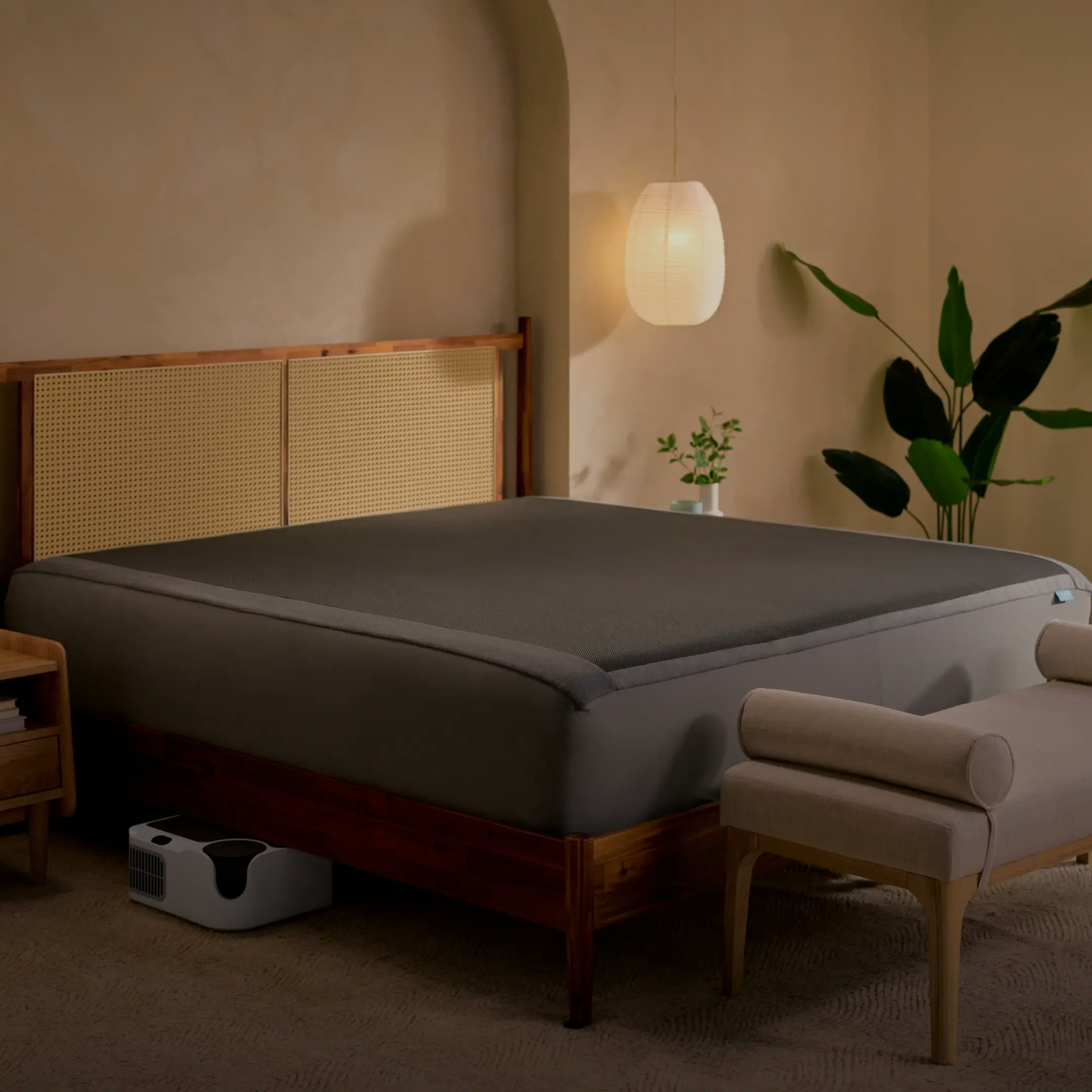 Bedroom with Chilipad Dock Pro cooling mattress topper installed on bed Bedroom with Chilipad Dock Pro cooling mattress topper installed on bed