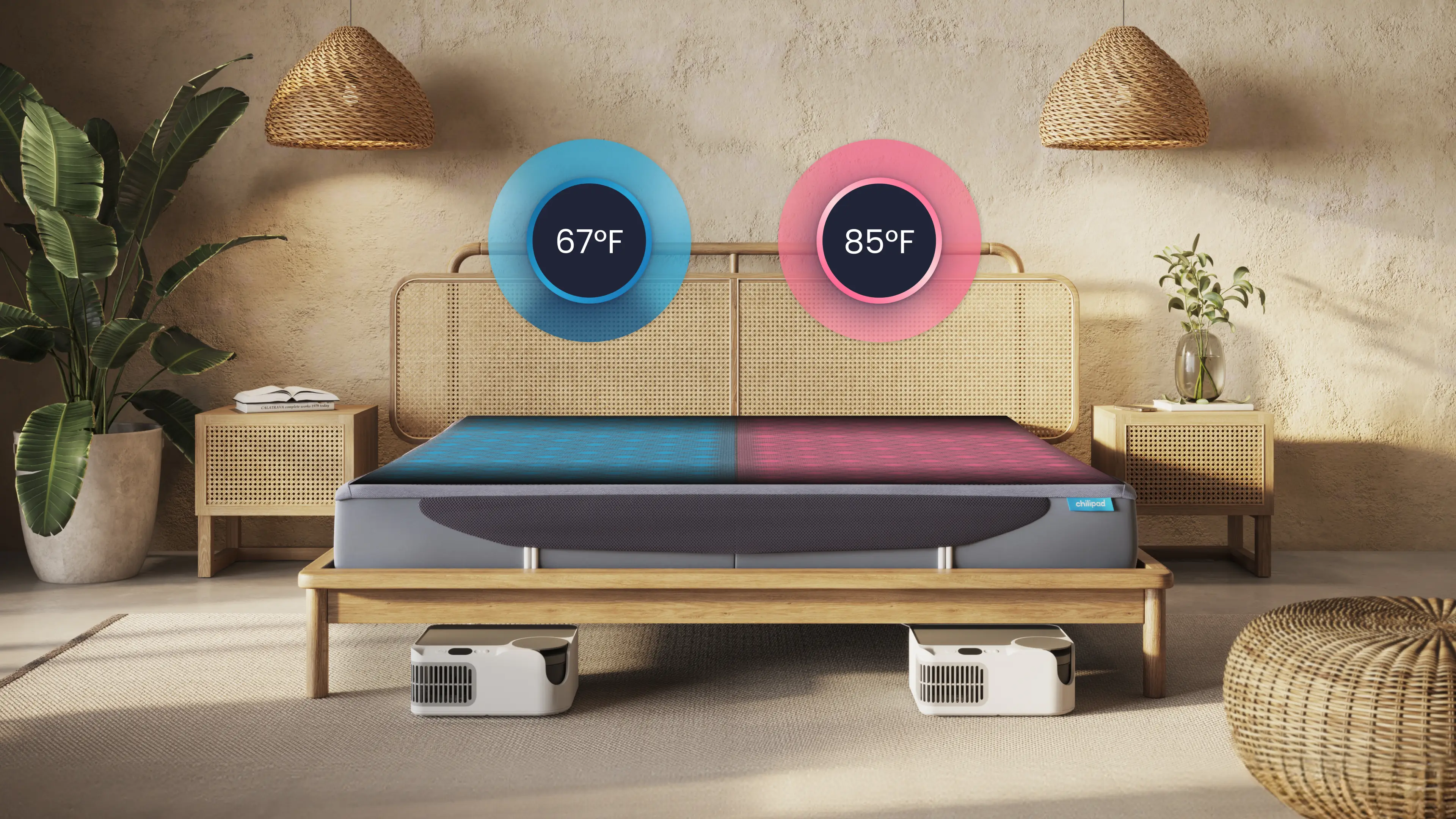 Dual zone Chilipad Dock Pro system allowing couples to control each side of bed temperature