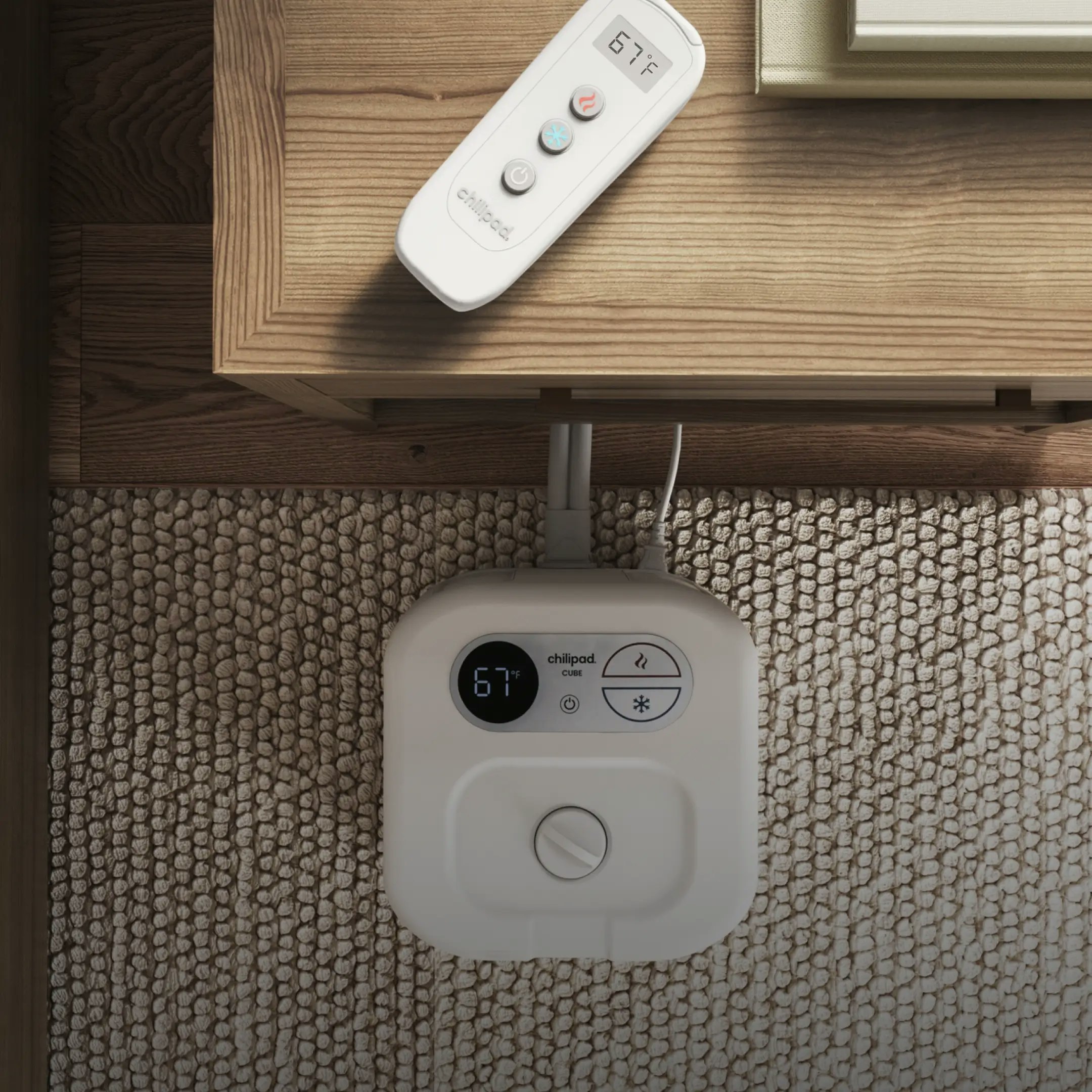 Chilipad Cube and Remote on nightstand Chilipad Cube and Remote on nightstand