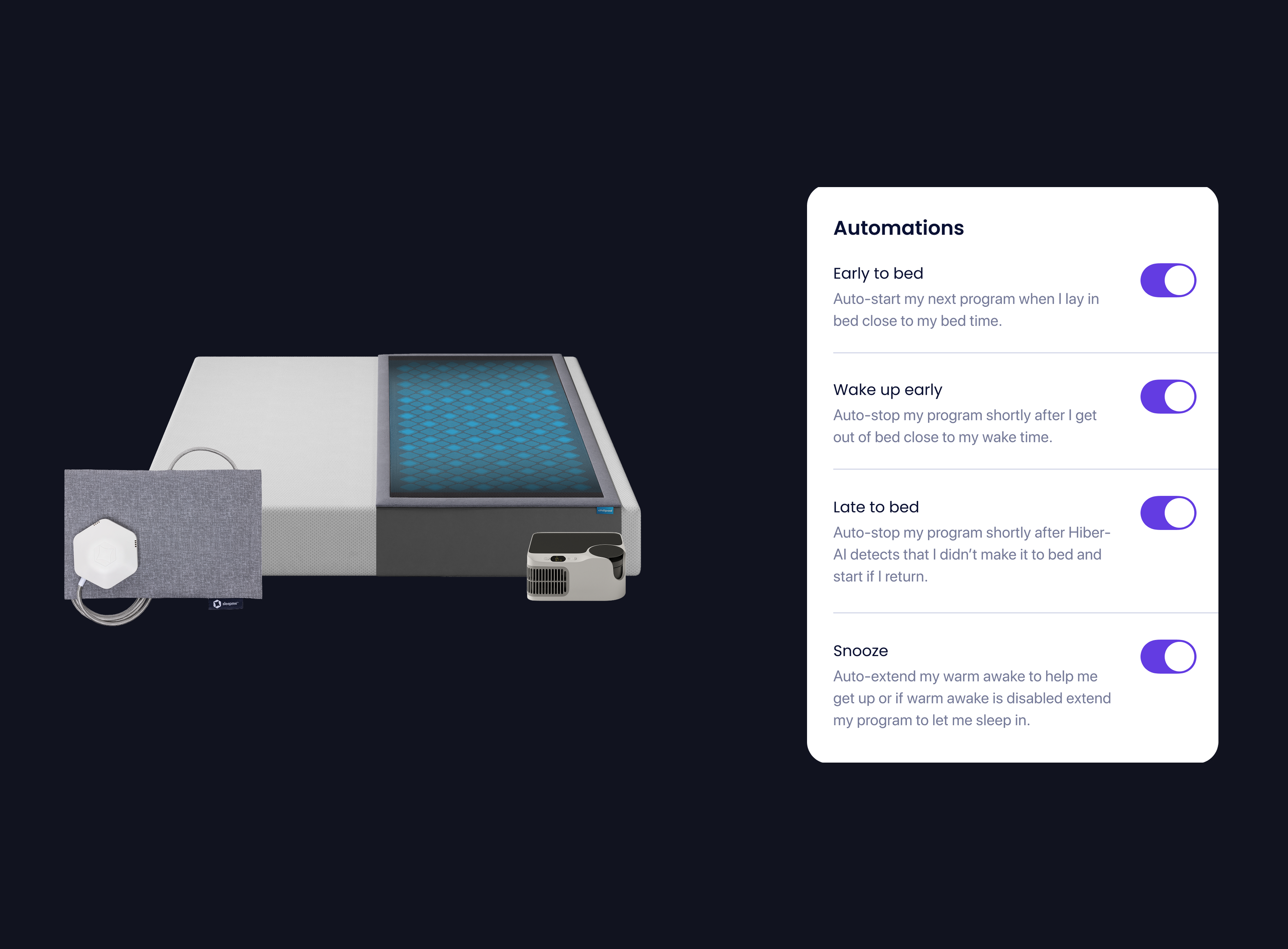 image of sleep tracker, chilipad and app screen showing AI featured enabled