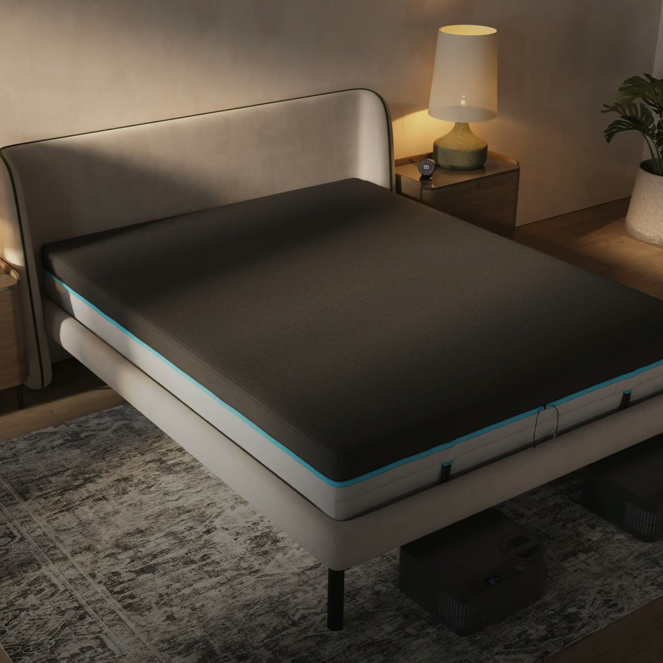 Chilipad 2.0 cooling mattress pad fully installed on bed with sleek breathable cover Chilipad 2.0 cooling mattress pad fully installed on bed with sleek breathable cover