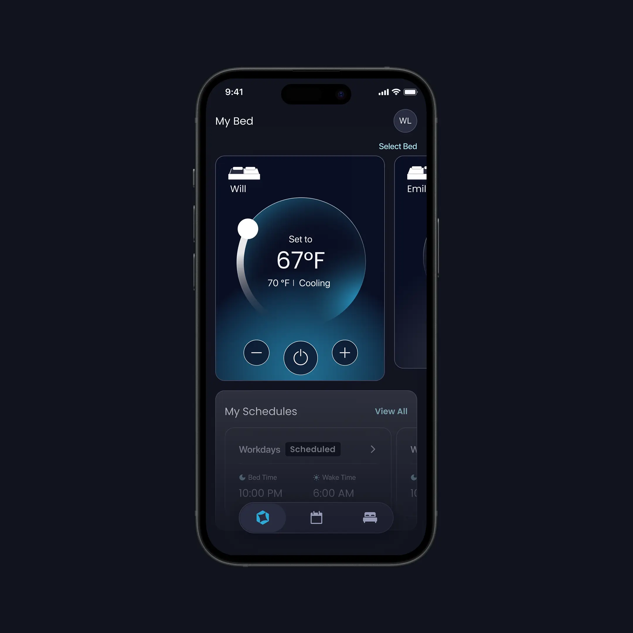 Chilipad app dashboard showing sleep schedule and temperature