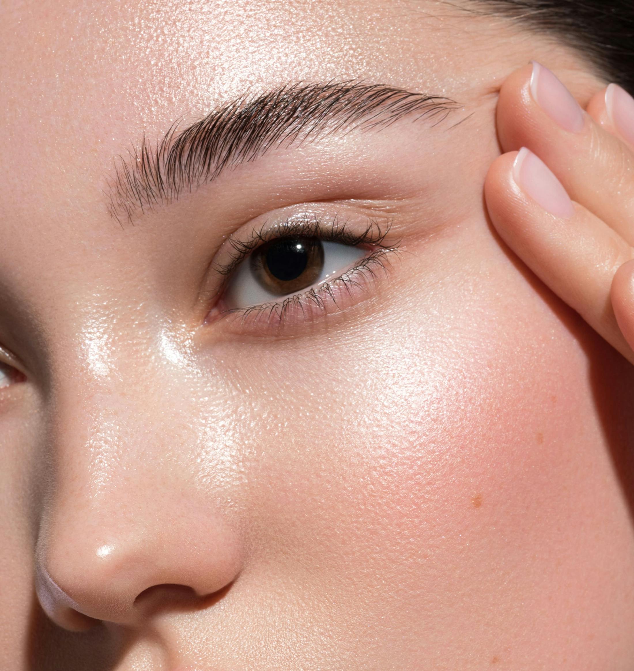 close up on woman's eye while she pulls up the skin around her eye