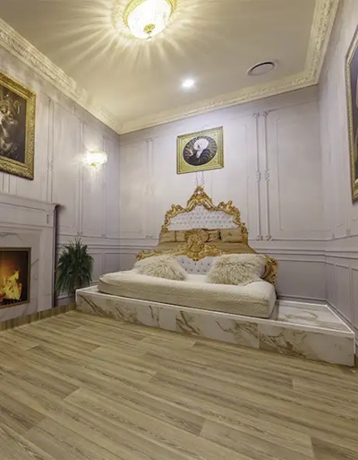 Elegant Royal Suite at Pet Resorts Australia Port Melbourne, a luxurious dog boarding option featuring a regal bed, chandelier lighting, and premium furnishings—perfect for pampered pets in Melbourne.