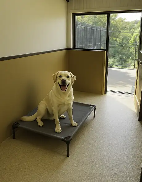 Happy dog in a presidential Room at Pet Resorts Australia Terrigal, a premium dog boarding space featuring elevated bedding, natural light and indoor-outdoor access at this leading dog resort in Terrigal.
