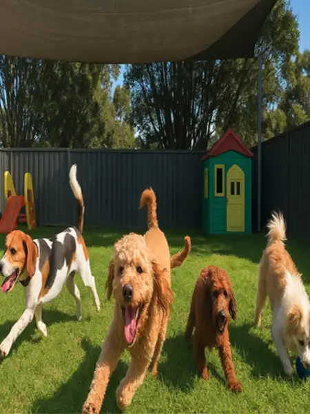 Dogs playing in a yard at Sydney Petlands Dural daycare facility