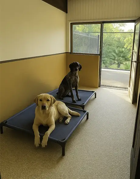 Two happy dogs relaxing on trampoline beds in the Presidential Room at Pet Resorts Australia Terrigal
