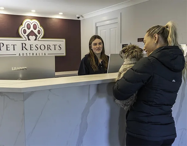 A customer and pet check in at the professional and friendly dog boarding reception at Pet Resorts Australia Southern Highlands