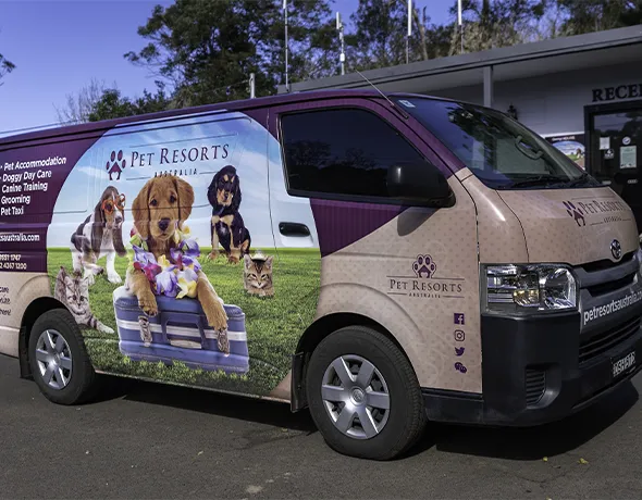 a pet taxi van sits outside Pet Resorts Australia Dural ready for pet pickup service from areas surrounding dural