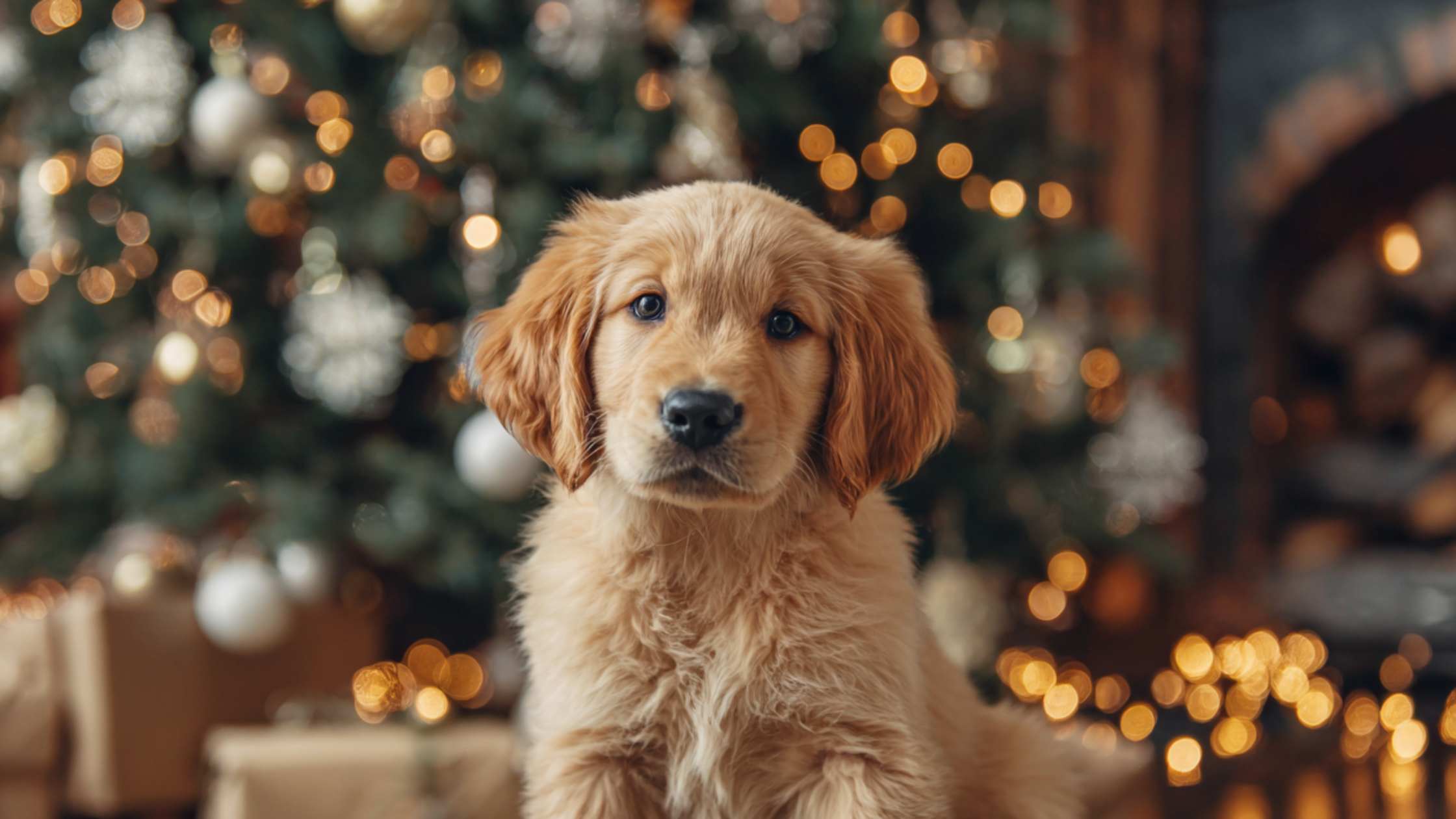 A golden retriever puppy sits in front of a Christmas tree